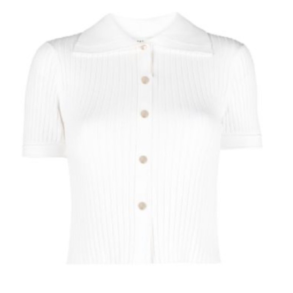 Sandro Optical White Ribbed-Knit Polo Top Size Medium
